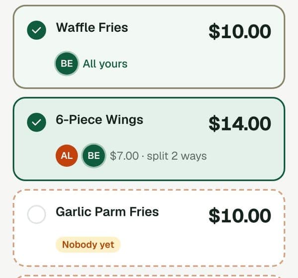 A guest's item list: fries claimed, wings split two ways at $7.00 each.