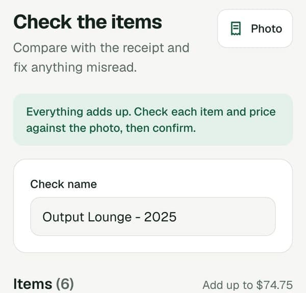 Splittly's review screen after scanning a receipt: everything adds up.